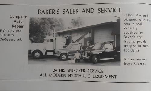 Vintage Baker's sales and service newspaper ad for baker's towing & recovery De Queen AR
