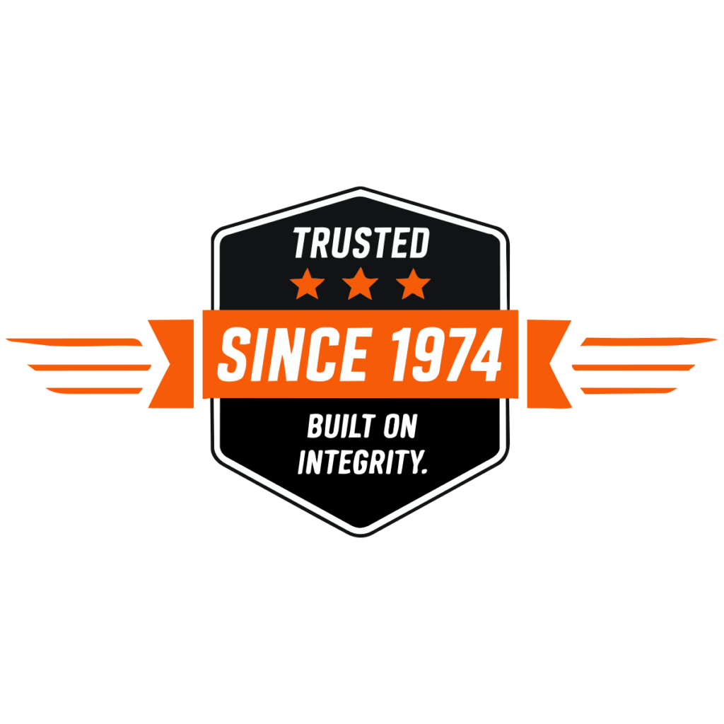 Trusted Since 1974 built on integrity orange and black company design