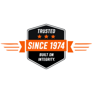 Trusted Since 1974 built on integrity orange and black company design