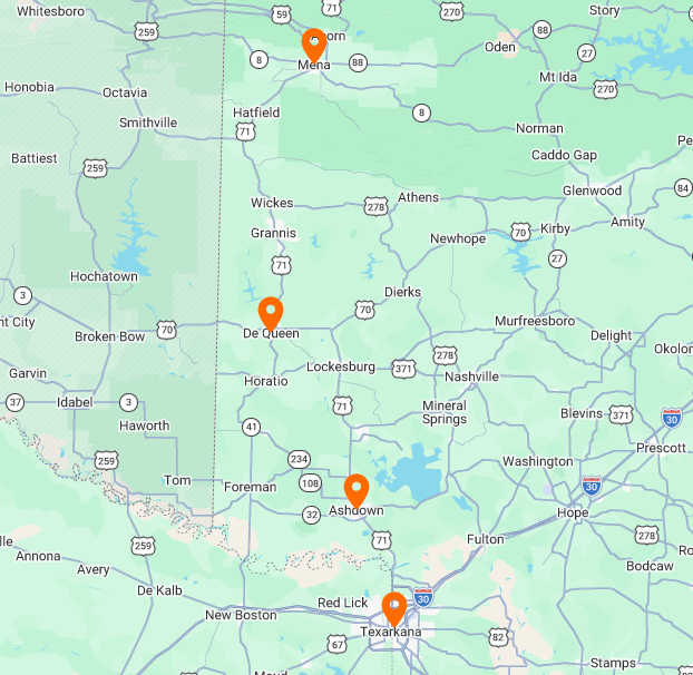 Map showing service locations Mena, De Queen, Ashdown and Texarkana along regional highways
