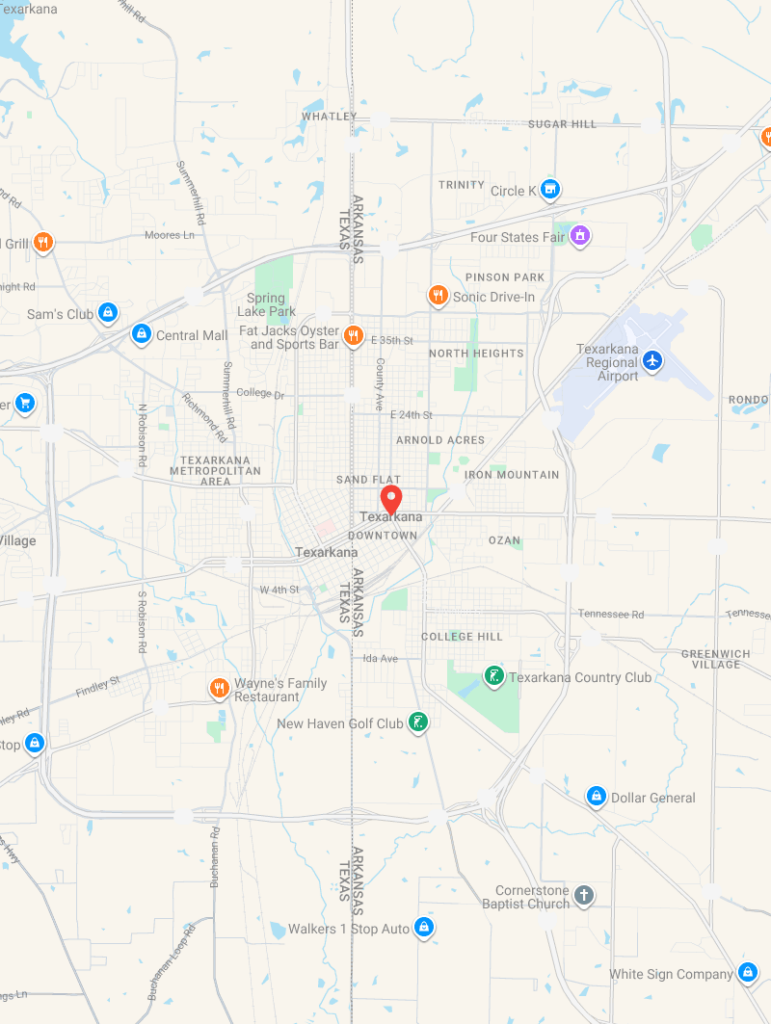 Google Map showing Texarkana AR service area for towing service Texarkana AR and surrounding roadside assistance coverage routes.
