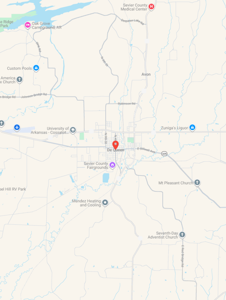 Google Map showing towing service De Queen AR and surrounding coverage area