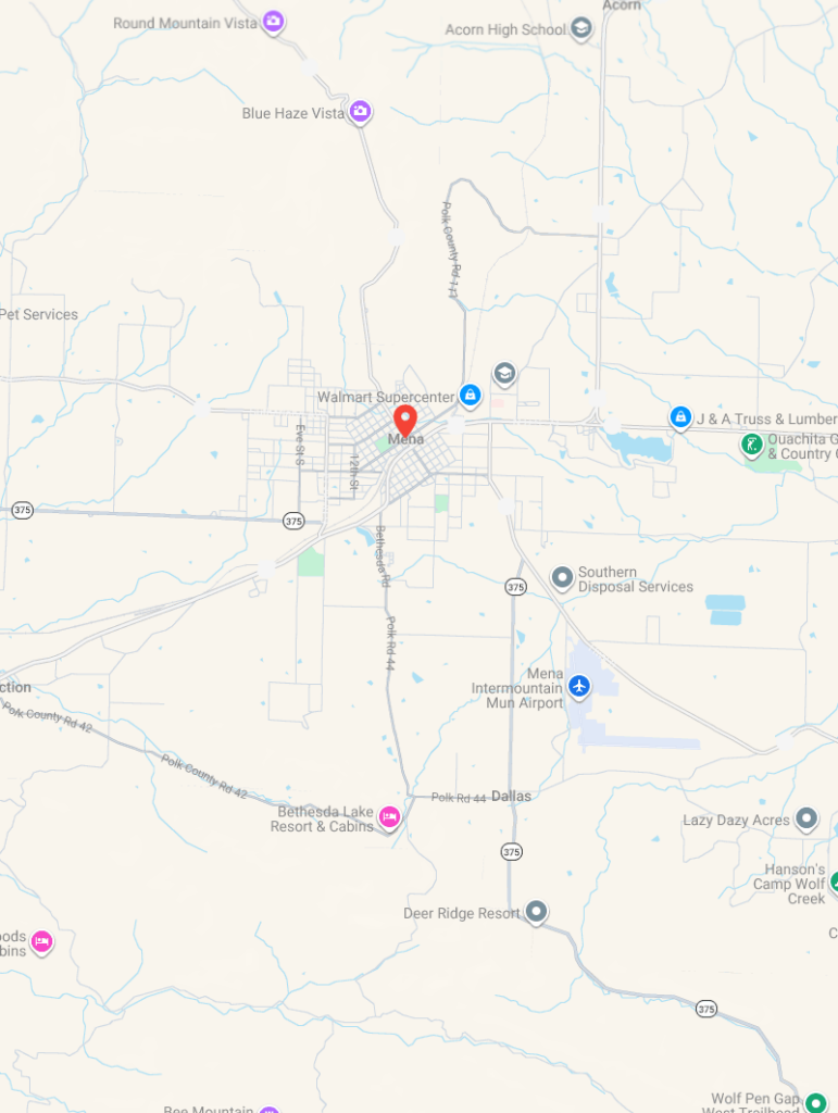 Google Map showing Mena AR and surrounding Polk County service area for towing service Mena AR and roadside assistance coverage.